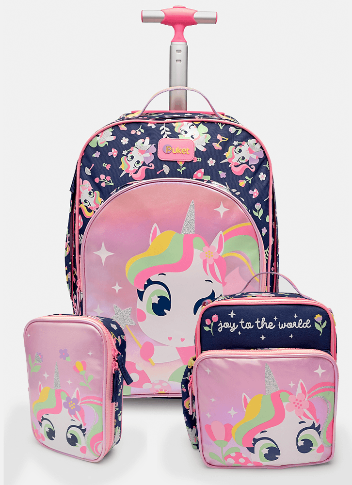 Kit Mochila com Rodinha, Lancheira e Estojo Unicórnio Encantado